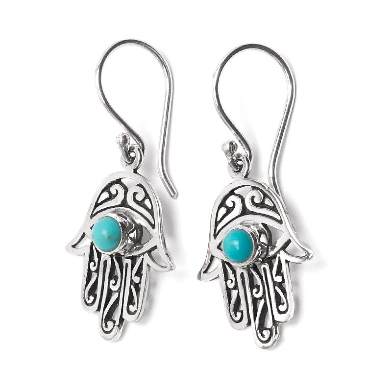Turquoise, Hamsa Fatima's hand earring in silver