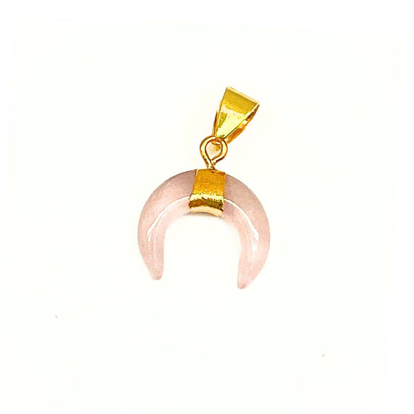 Rose quartz, crescent moon pendant with small crystal and filigree