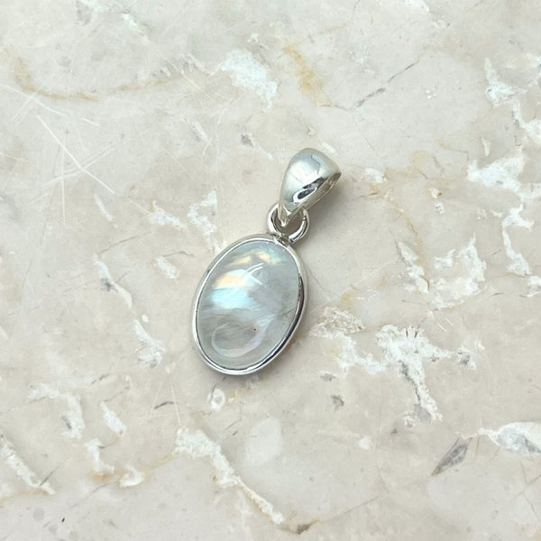 Rainbow moonstone, small oval pendant in plain silver