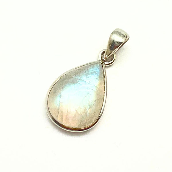 Rainbow moonstone, drop-shaped silver pendant