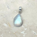Rainbow moonstone, drop-shaped silver pendant