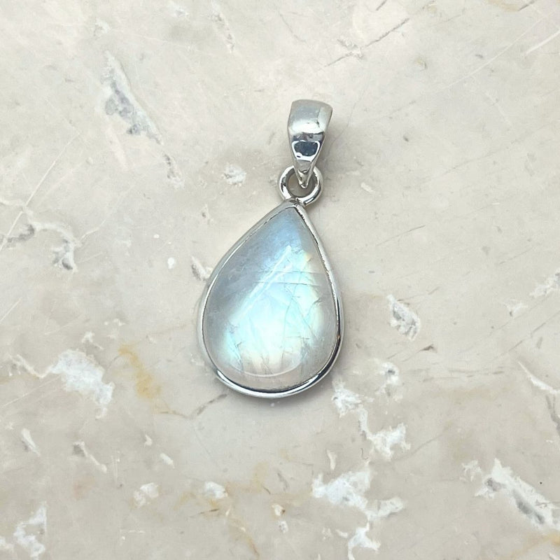 Rainbow moonstone, drop-shaped silver pendant