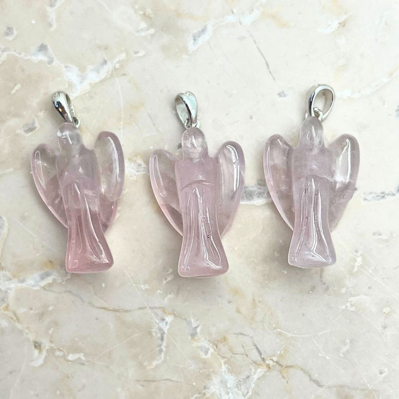 Rose quartz, angel pendant with silver mount