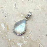 Rainbow moonstone, drop-shaped silver pendant