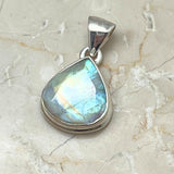 Rainbow moonstone, small oval pendant in plain silver