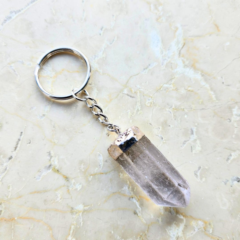 Rock crystal tip silver colored key ring