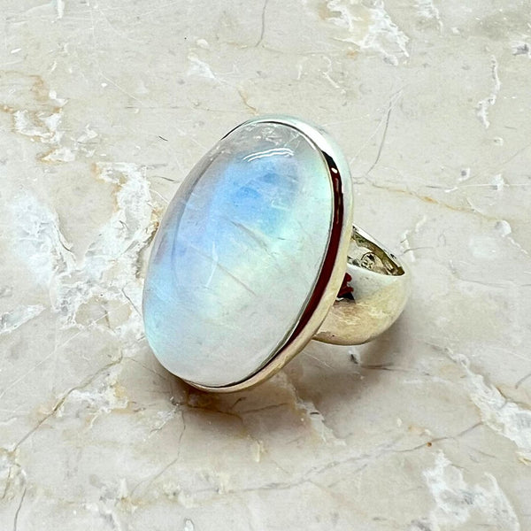 Rainbow pattern stone, smooth ring in sterling silver