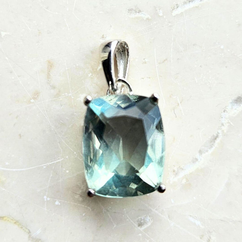 Fluorite faceted green-blue "teal" rectangular silver pendant