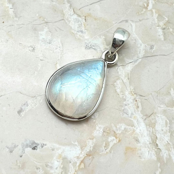 Rainbow moonstone, drop-shaped silver pendant