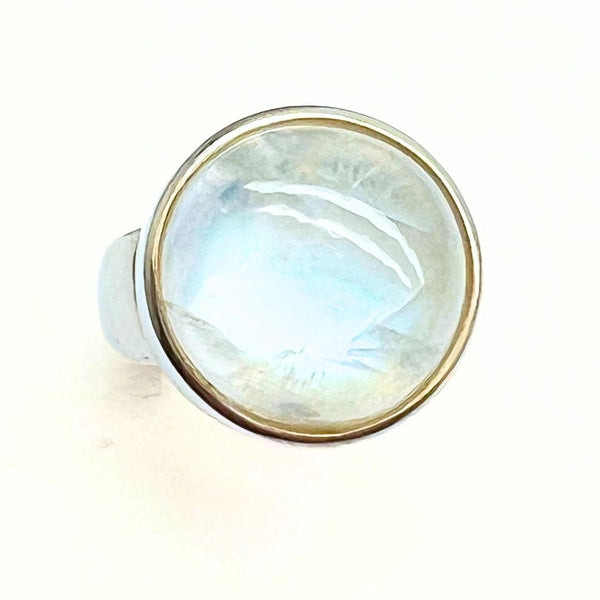 Rainbow pattern stone, smooth ring in sterling silver
