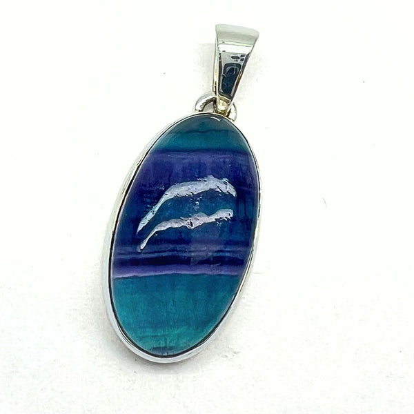 Fluorite faceted green-blue "teal" round silver pendant