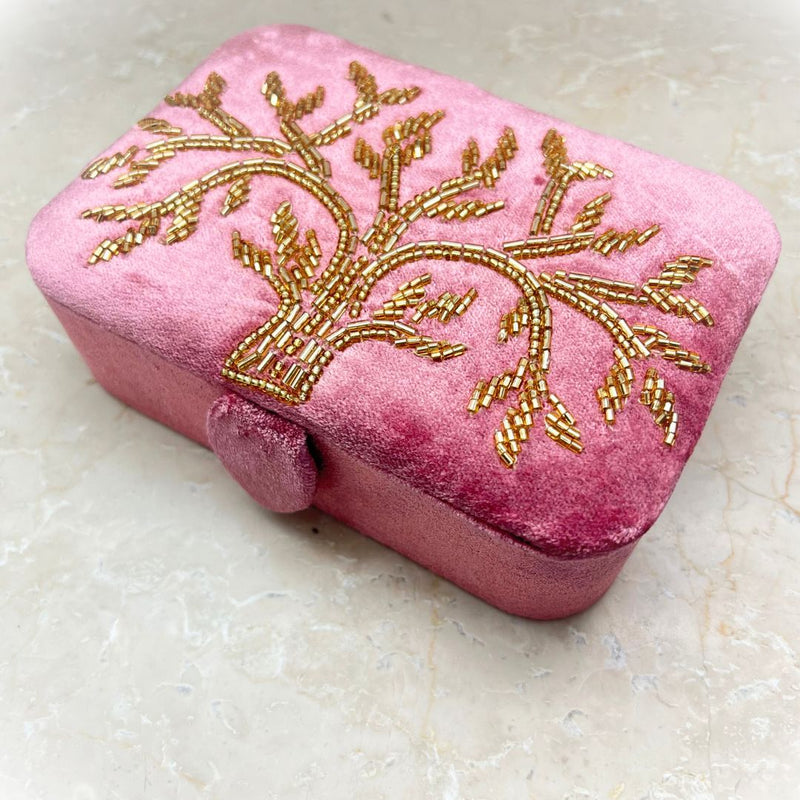 Fabric box in pink velvet with tree of life