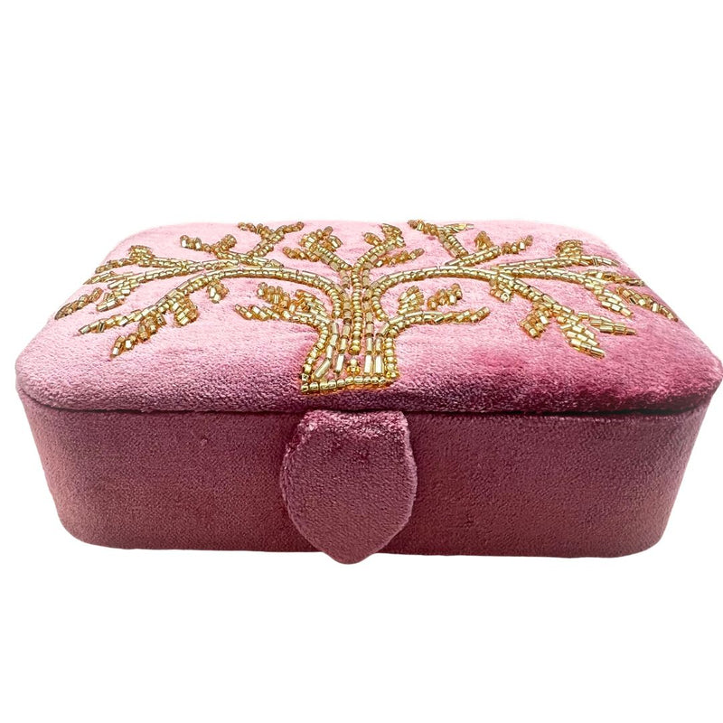 Fabric box in pink velvet with tree of life