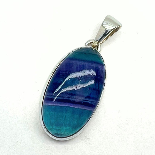 Fluorite faceted green-blue "teal" round silver pendant