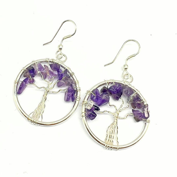 Amethyst or rock crystal pendant or earring with the tree of life silver plated