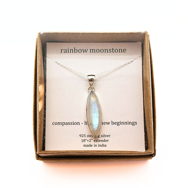 Rainbow moonstone pendant elliptical shape with silver chain