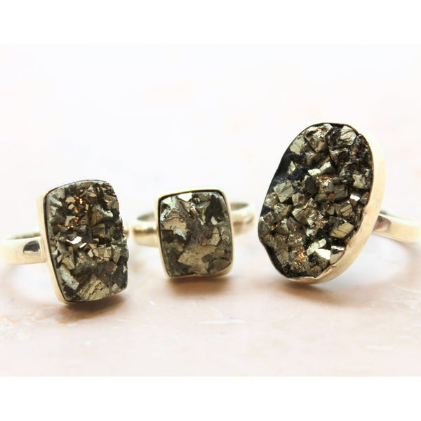 Pyrite raw crystal in silver ring