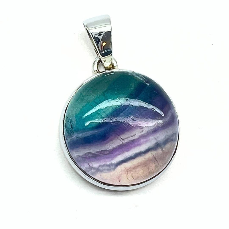 Fluorite faceted green-blue "teal" round silver pendant