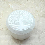 Selenit slipad rund ask med lock & livets träd