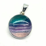 Fluorite faceted green-blue "teal" round silver pendant