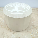 Selenit slipad rund ask med lock & livets träd
