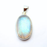 Rainbow moonstone, small oval pendant in plain silver