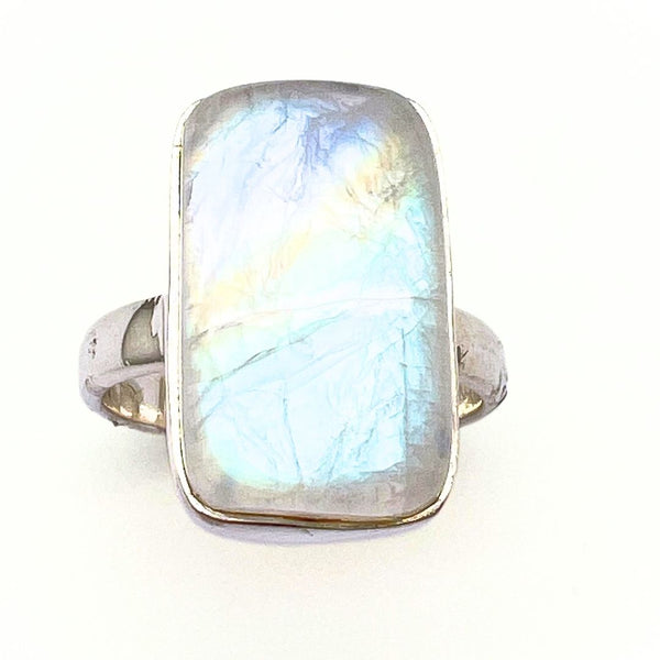 Rainbow pattern stone, smooth ring in sterling silver