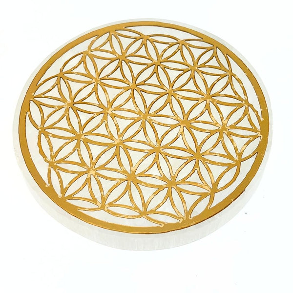 Selenit, rund laddningsplatta med Flower of Life i guld