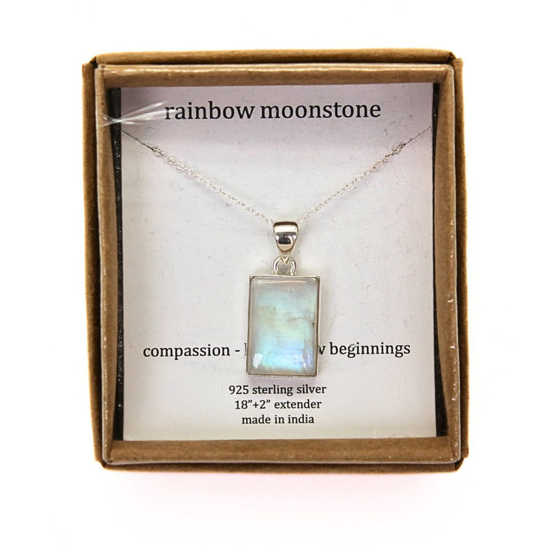 Rainbow moonstone pendant rectangle with silver chain