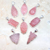 Rose quartz, engraved ornate pattern, silver pendant