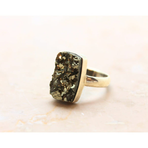 Pyrite raw crystal in silver ring