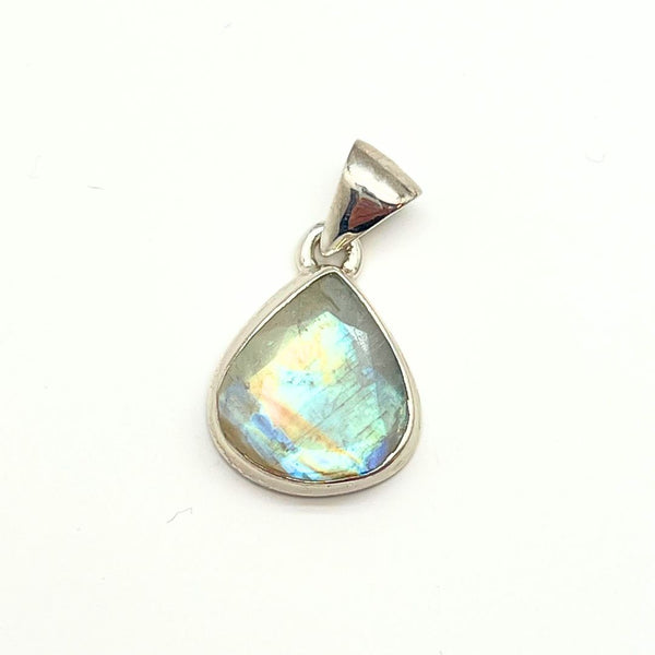 Rainbow moonstone, small oval pendant in plain silver