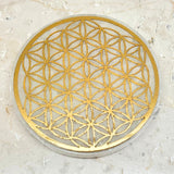 Selenit, rund laddningsplatta med Flower of Life i guld