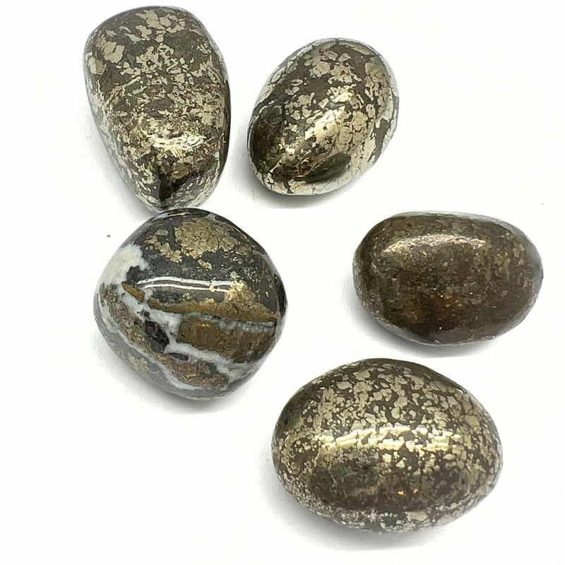 Pyrite smooth with quartz, tumbled stone from China