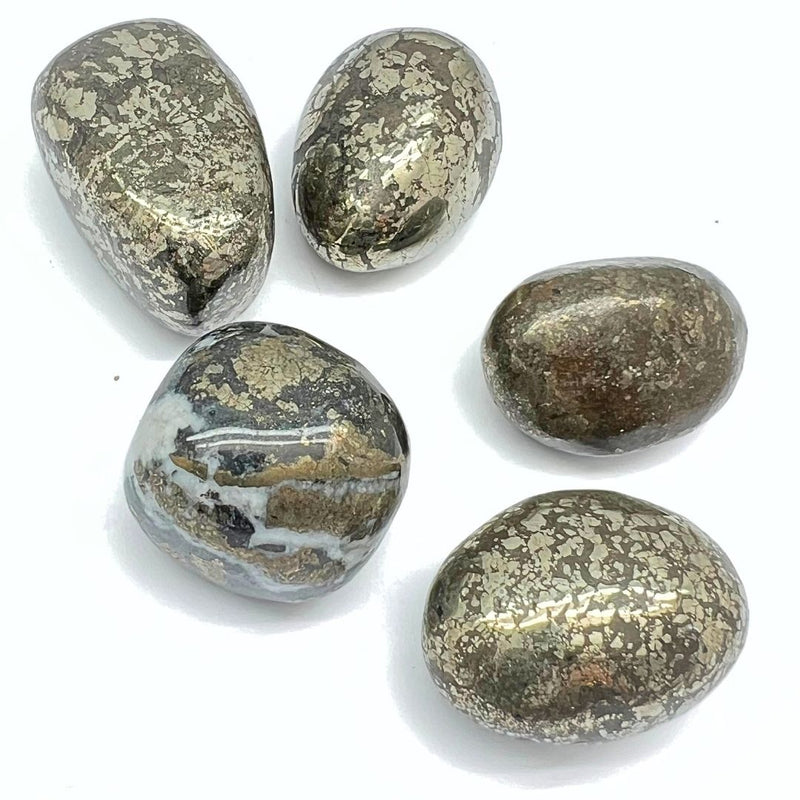 Pyrite smooth with quartz, tumbled stone from China