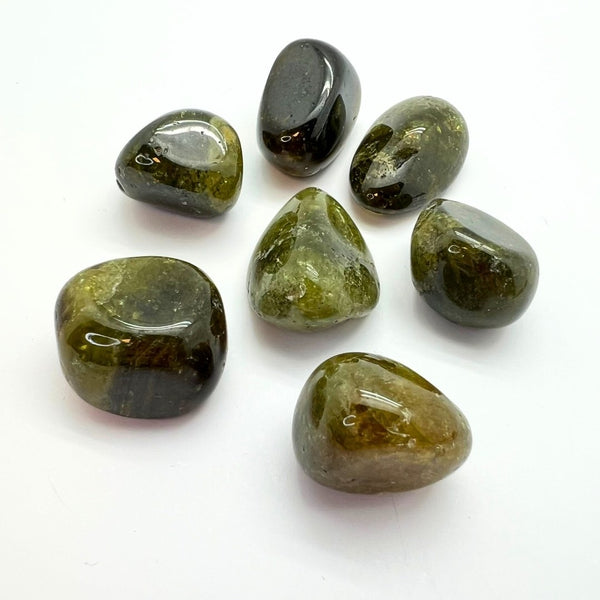 Garnet green, tumbled with black rutiles coarse