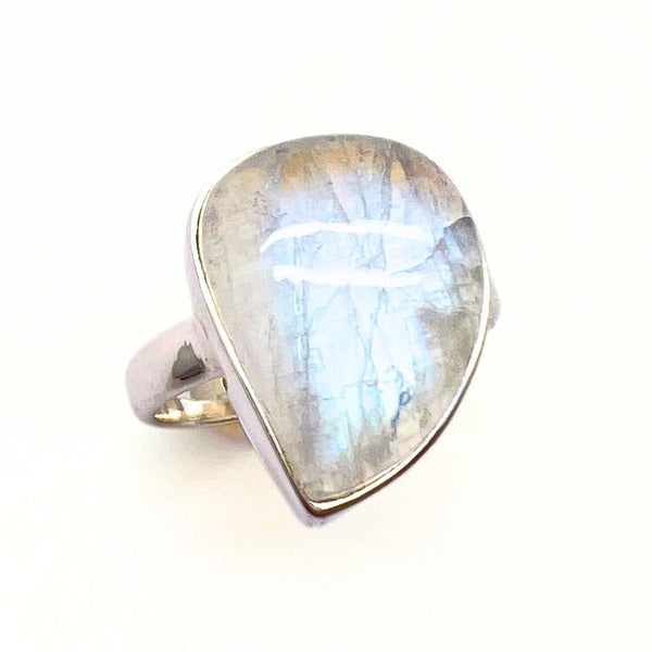 Rainbow pattern stone, smooth ring in sterling silver