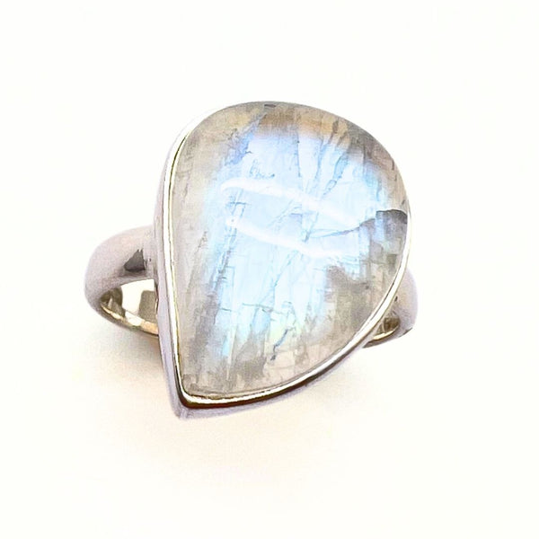 Rainbow pattern stone, smooth ring in sterling silver