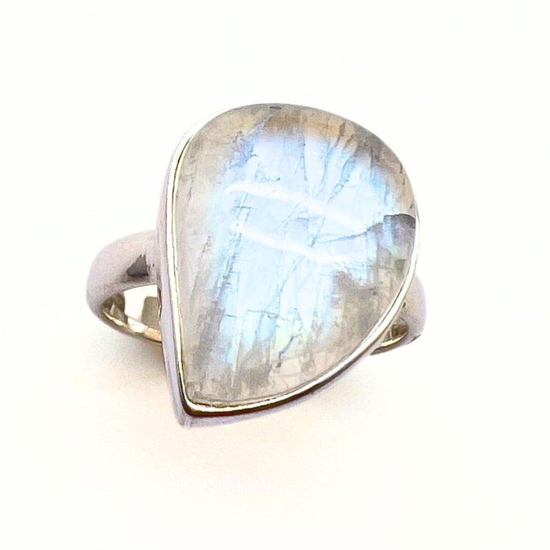 Rainbow pattern stone, smooth ring in sterling silver