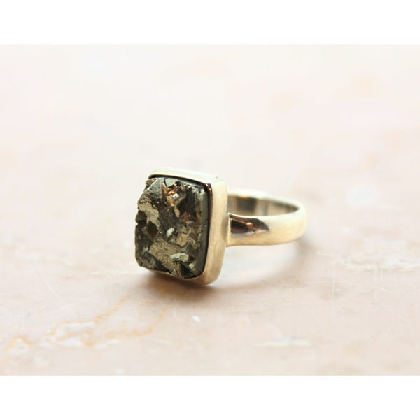 Pyrite raw crystal in silver ring