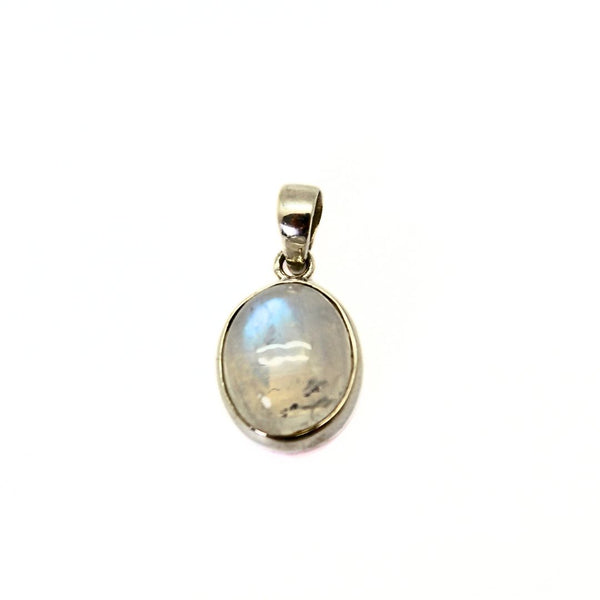 Rainbow moonstone, small oval pendant in plain silver