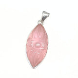 Rose quartz, engraved ornate pattern, silver pendant