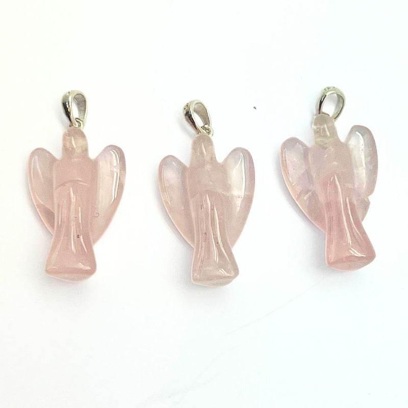 Rose quartz, angel pendant with silver mount