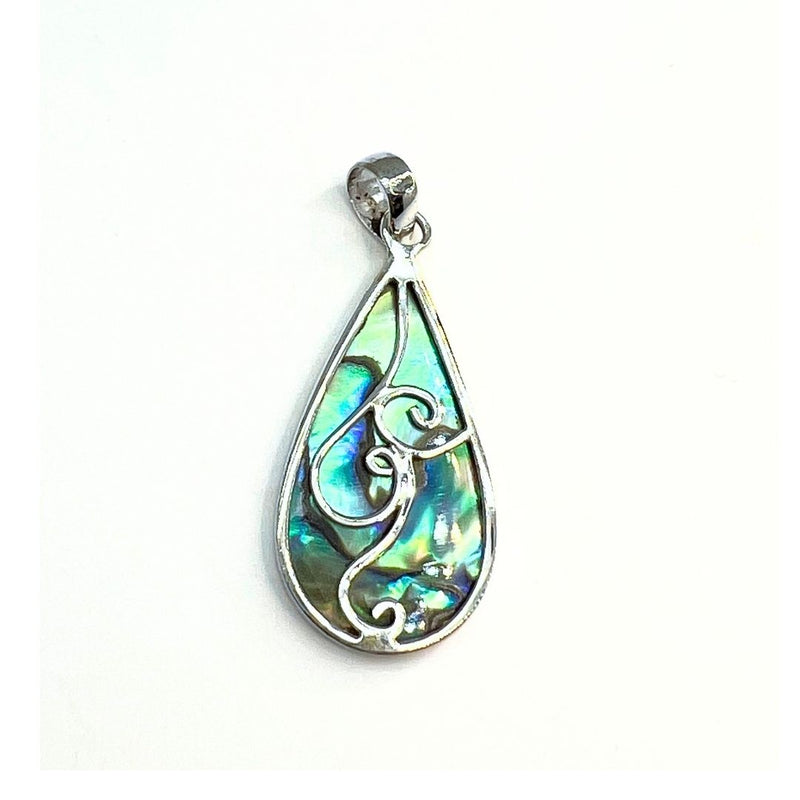 Paua shell, drop-shaped silver pendant