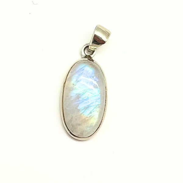 Rainbow moonstone, small oval pendant in plain silver