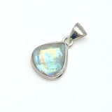 Rainbow moonstone, small oval pendant in plain silver