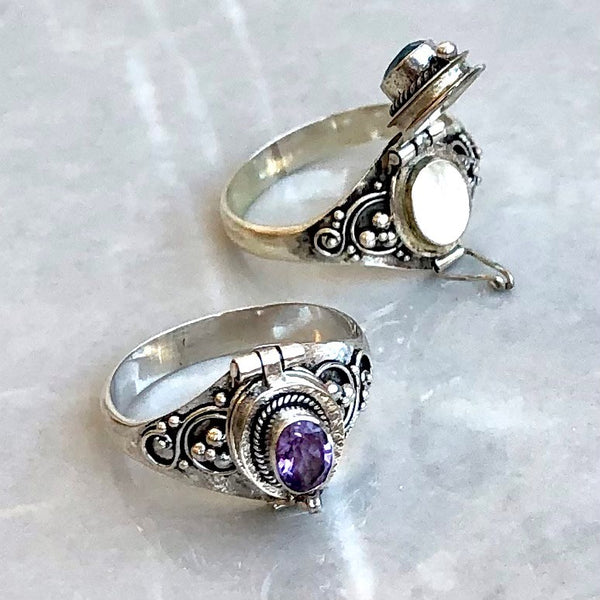 Amethyst openable box ring with filigree