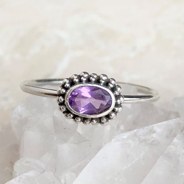 Amethyst faceted horizontal oval ring with filigree