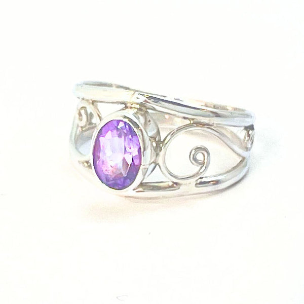 Amethyst silver ring with oval stone and filigree several sizes