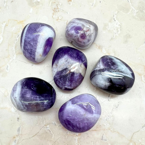 Amethyst A, with white bands, tumbled stone